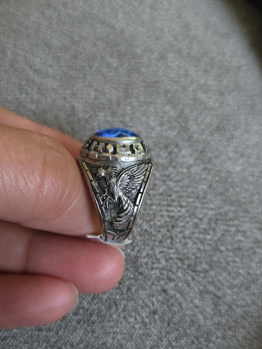 Vtg Size 9 1983 Stainless Steel Blue Stone Signet Ring Sumter High Wrestling